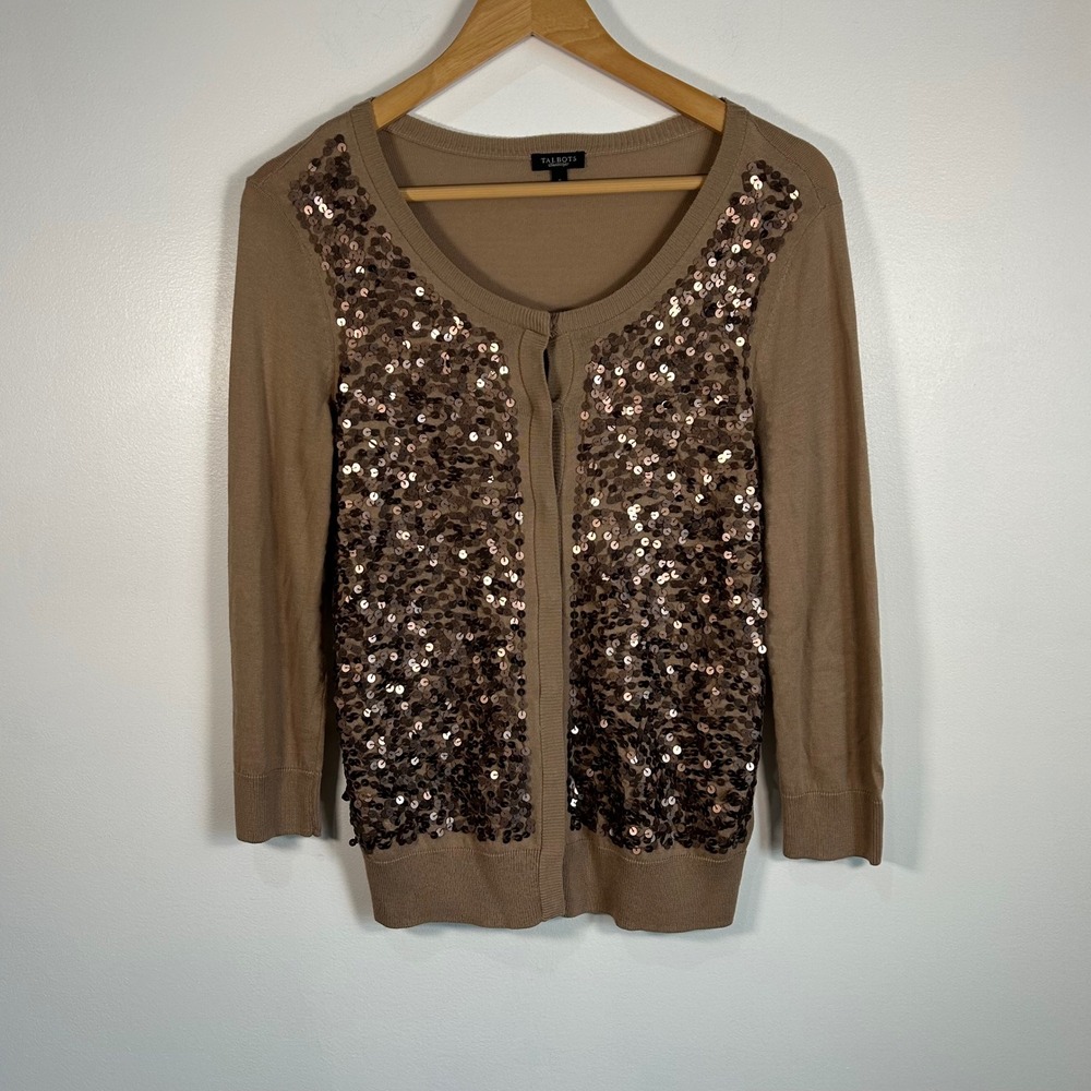 Talbots Women Brown Sequins‎ Cardigan Sweater Button Front Size S